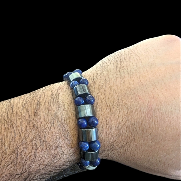 Lapis Lazuli & Hematite Men's Bracelet - Natural Crystals & Stones - Picture 3 of 4